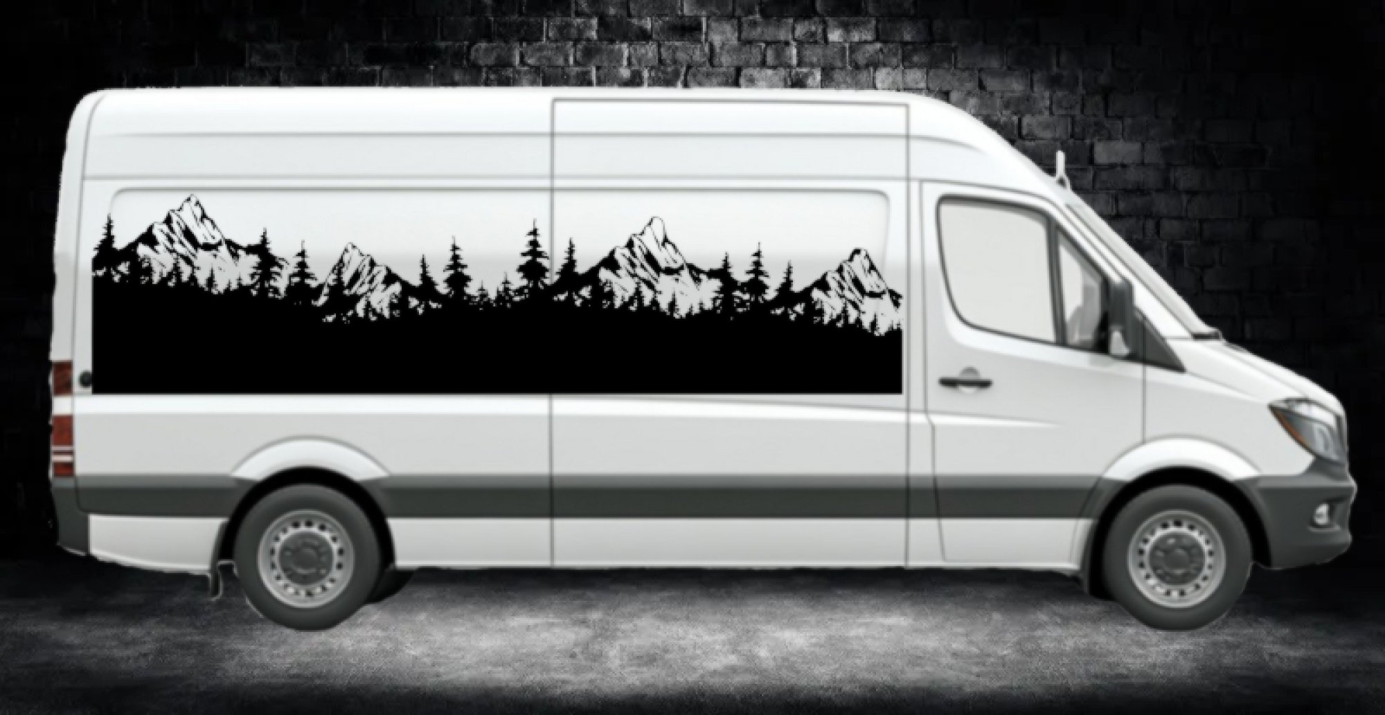 46363 Wald und Berglandschaft Silhouette Aufkleber Camper Van Mein-Motiv